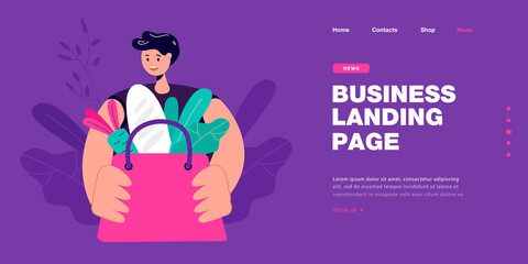 Happy cartoon character holding bag with healthy food. Smiling person going shopping flat vector illustration. Household, daily routine concept for banner, website design or landing web page