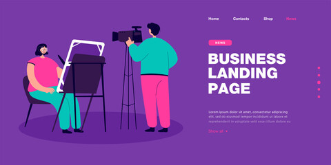 Cameraman shooting young woman in glasses who painting in front of easel. Creative people flat vector illustration. Hobby, art, favorite job, television concept for banner, website design or landing