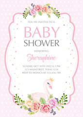 Baby shower invitation with pretty swan - obrazy, fototapety, plakaty
