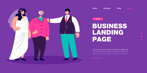 Bride and groom standing with elderly father. Senior between woman in white dress and man in suit flat vector illustration. Family, wedding, love concept for banner, website design or landing web page