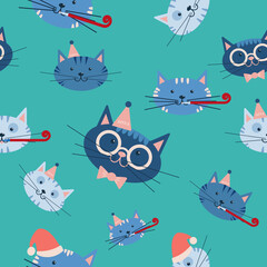Cute pattern Happy New 2023 year. Set of different cats with Christmas attributes. Flat vector concept illustration.