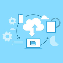 cloud computing concept, data center, file management, cloud storage flat illustration vector on blue background