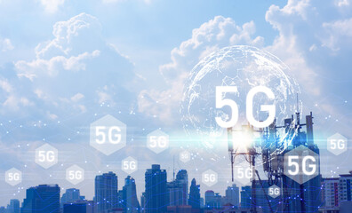 5G global internet connection, wireless internet network, digital connectivity concept and social media network.