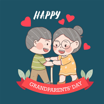 Hand drawn couple of grandparents, happy family of elder people, National grandparents' day