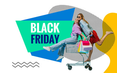 Creative poster, flyer with two happy girls with shopping bags ride on shop cart isolated on colorful abstract background. Concept of sales, black friday, discount, emotions