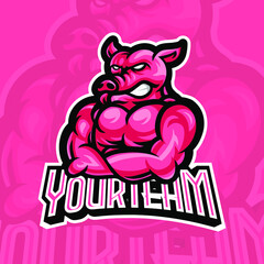Crazy Pig, Wild Boar E-Sport Mascot Logo Design, Mascot, and Emblem Template Isolated Vector. Illustration Logo. Suitable for Game, Streamer, and E-Sport Team.