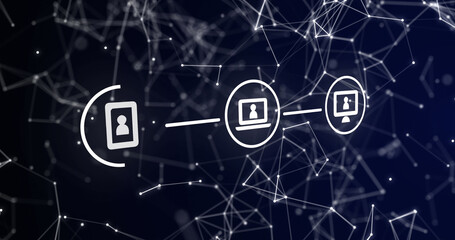 Image of network of connections with icons over black background