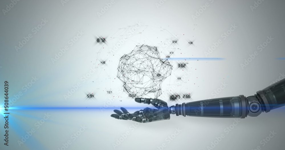 Aufkleber image of network of processing data over hand of robot arm, with blue light on grey background