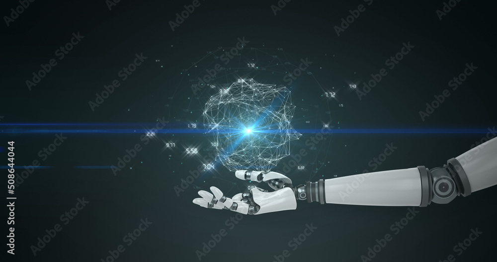 Poster image of network of processing data over hand of robot arm, with blue light on black background