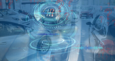 Image of question marks, data processing and gear over cars