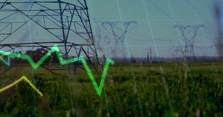 Image of financial data processing over electricity pylons and landscape