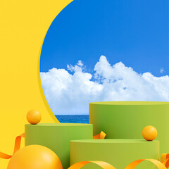 yellow podium on stage with yellowish green platform on sky background. stage to show cosmetic and...