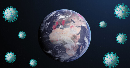 Image of falling covid 19 cells over globe