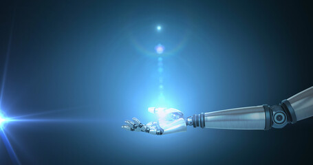 Image of blue light flare over hand of extended robot arm on blue background