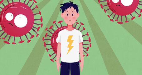 Image of falling covid 19 cells face mask over boy