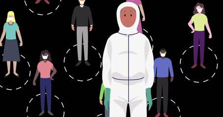 Image of falling covid 19 cells face mask over people wearing face masks