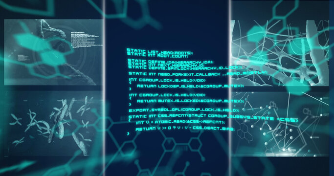 Digital image of multiple screens with medical data processing against blue background