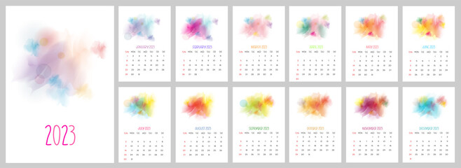 Monthly printable calendar 2023. Watercolor design