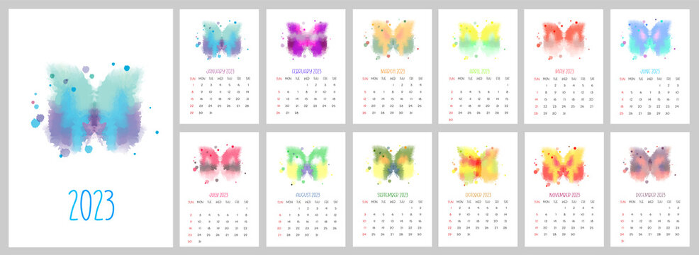 Monthly printable calendar 2023. Butterfly watercolor design