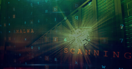 Image of cyber attack warning over server room