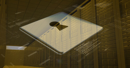 Image of data processing and padlock over server room