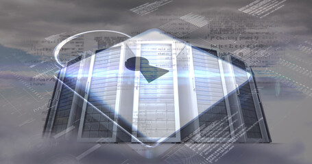 Image of data processing and padlock over sky and server room