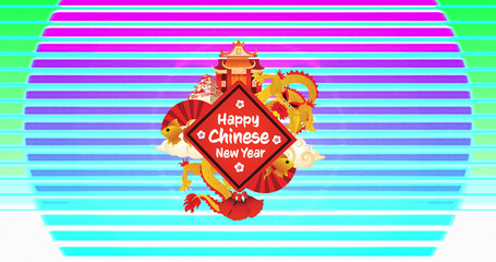Image of happy new year text over chinese decorations
