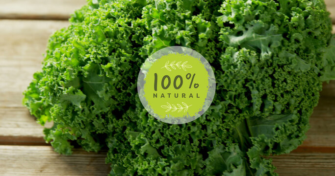 Image of 100 percent natural text over green kale on wooden background