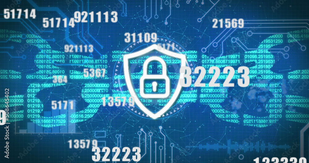 Poster security padlock icon and multiple changing numbers against blue background