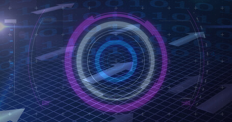 Digital image of purple round scanner against binary coding data processing on blue background