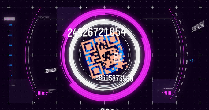 Image of scope scanning, numbers changing and qr code security check on black background