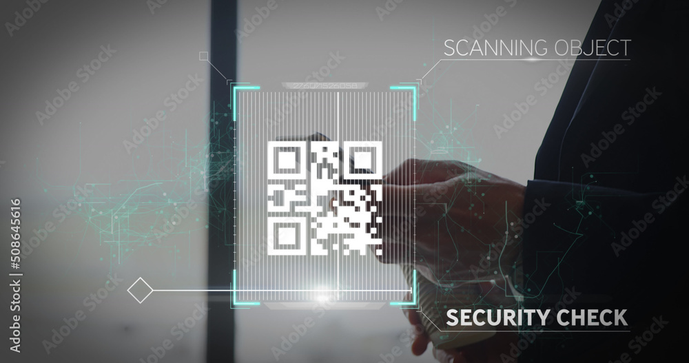 Poster image of white qr code scanning with blue web of connection over man