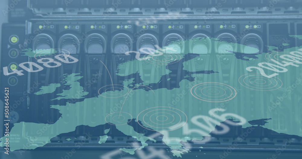 Poster multiple changing numbers over world map against close up of computer server