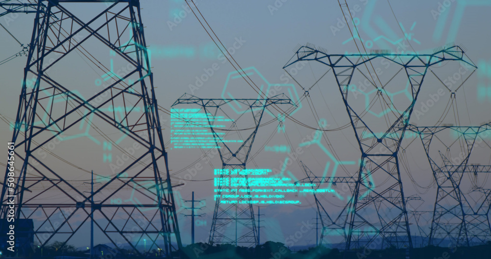 Poster chemical structures with program codes and a background of transmission towers