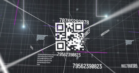 Multiple changing numbers over qr code scanner against grid network on black background