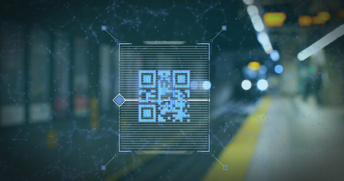 Image of QR code scanning with blue web connections over underground train