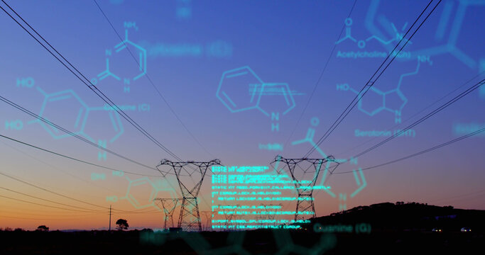 Chemical structures with program codes and a background of transmission towers - Powered by Adobe