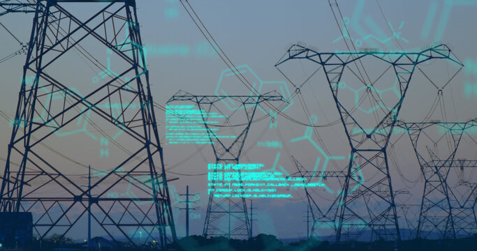 Chemical structures with program codes and a background of transmission towers