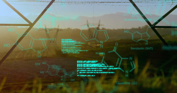 Chemical structures with program codes and a background of transmission towers