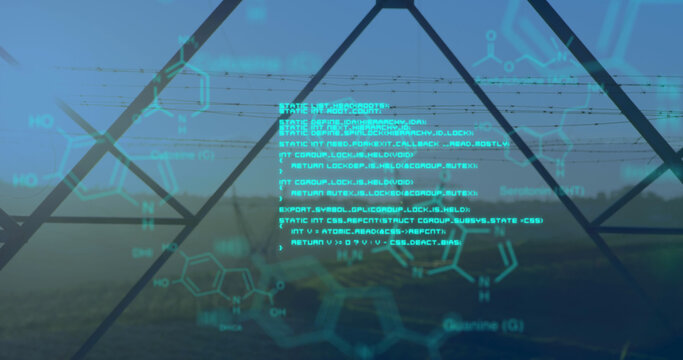 Chemical structures with program codes and a background of transmission towers