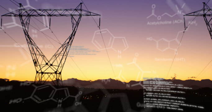 Chemical structures with program codes and a background of transmission towers