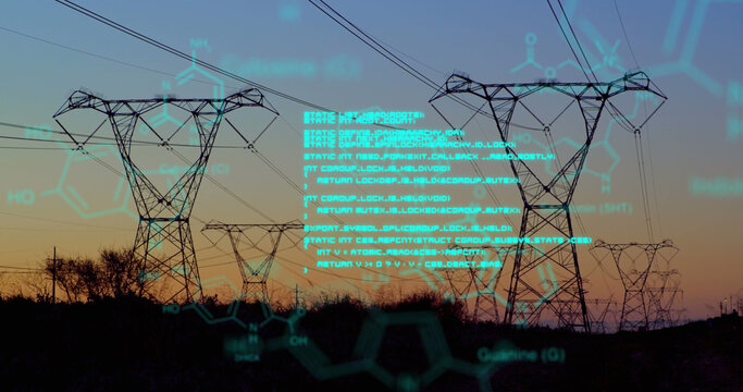 Chemical structures with program codes and a background of transmission towers - Powered by Adobe