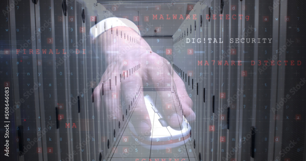 Poster image of data processing cyber attack warning over man using mouse and computer servers