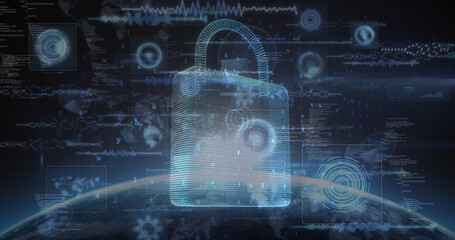 Image of online security padlock over scopes scanning and data processing