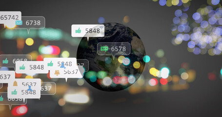Image of data processing with globe over cityscape at night