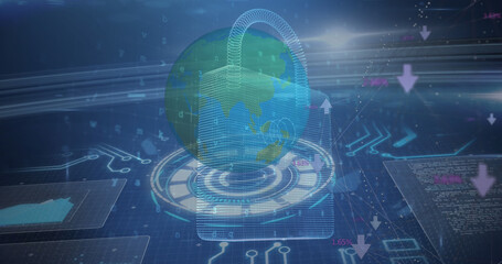 Image of online security padlock over scopes scanning and data processing