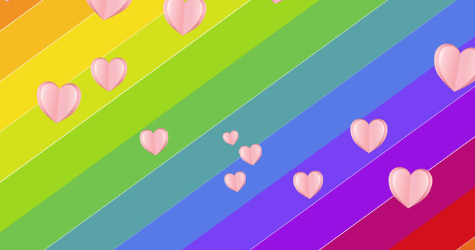 Image of hearts and pride texts with icons over rainbow