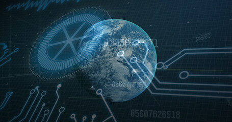 Image of data processing, globe spinning with computer circuit board in background