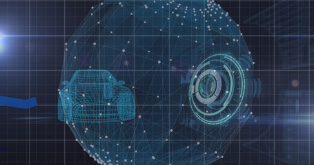 Image of scope scanning and blue lines processing over globe and 3d car model spinning