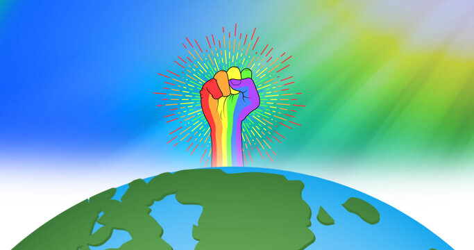 Image of rainbow fist over globe on rainbow background